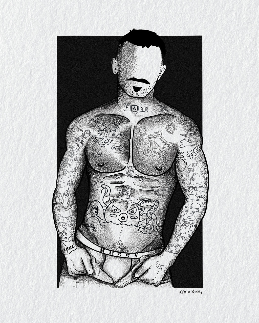 A black and white ink illustration of a tattooed man with his face blurred, presented as a print on a textured white background.