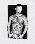 A black and white ink illustration of a tattooed man with his face blurred, presented as a print on a textured white background.