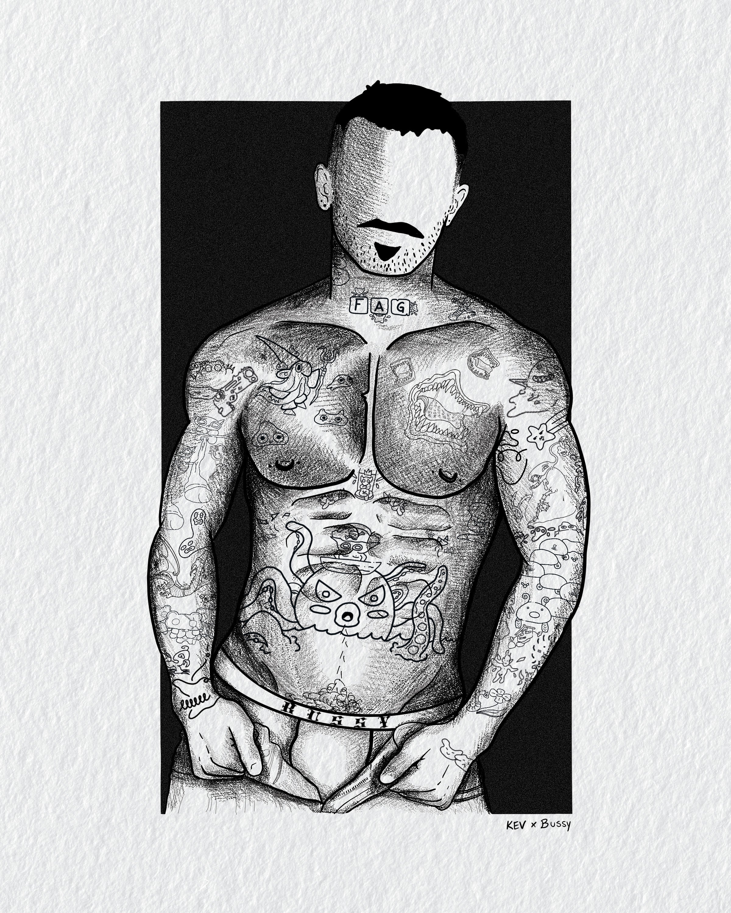 A black and white ink illustration of a tattooed man with his face blurred, presented as a print on a textured white background.