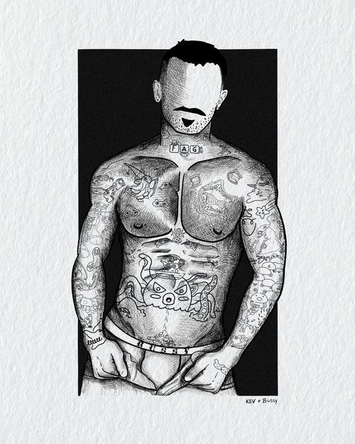 A black and white ink illustration of a tattooed man with his face blurred, presented as a print on a textured white background.