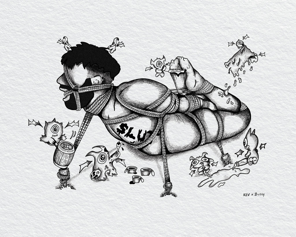 Imp Party a print by kev and bussy of a man tied down by imps having a fun and sensual time