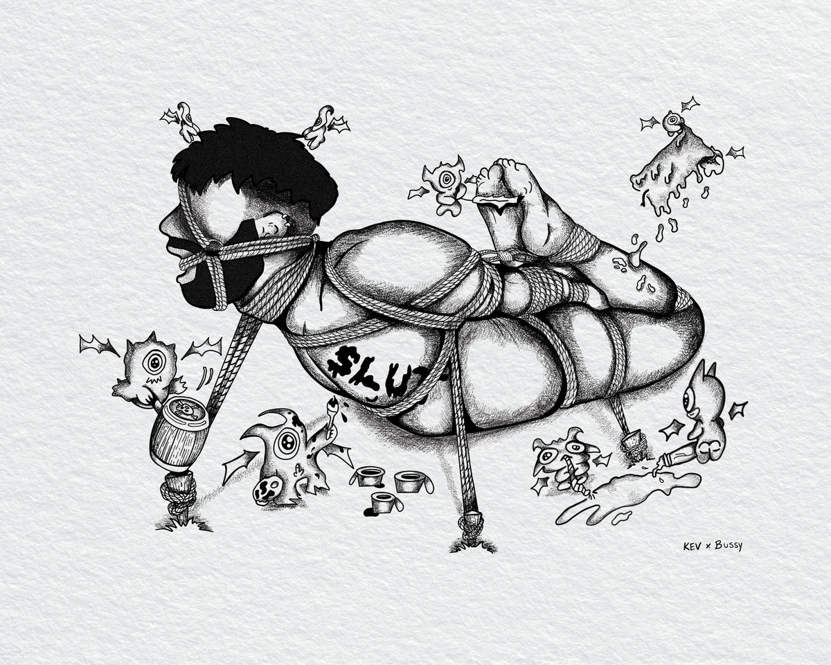 Imp Party a print by kev and bussy of a man tied down by imps having a fun and sensual time
